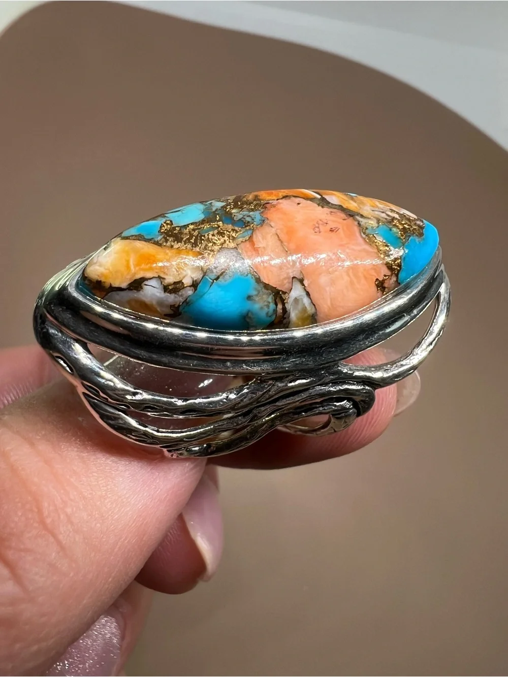 Oyster Copper Turquoise composite Sterling silver statement ring